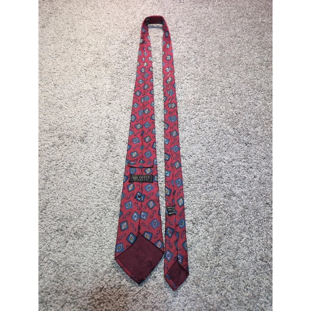 GUCCI Silk Tie Burgundy‎ Red Horse Bit Diamond Pattern Men's Made in Italy